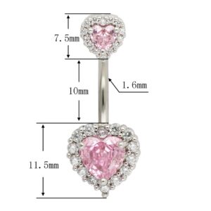 Excepro 1PC 14G(1.6mm) Double Heart Diamond Cubic Zirconia Navel Belly Button Ring 316L Surgical Steel Piercing Jewelry