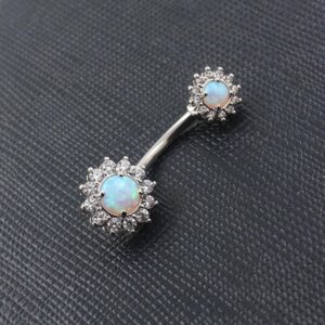 Excepro 14G(1.6mm) Double Round Cubic Zircon Filigree Opal Center 316L Surgical Steel Belly Button Rings Navel Rings Belly Piercing