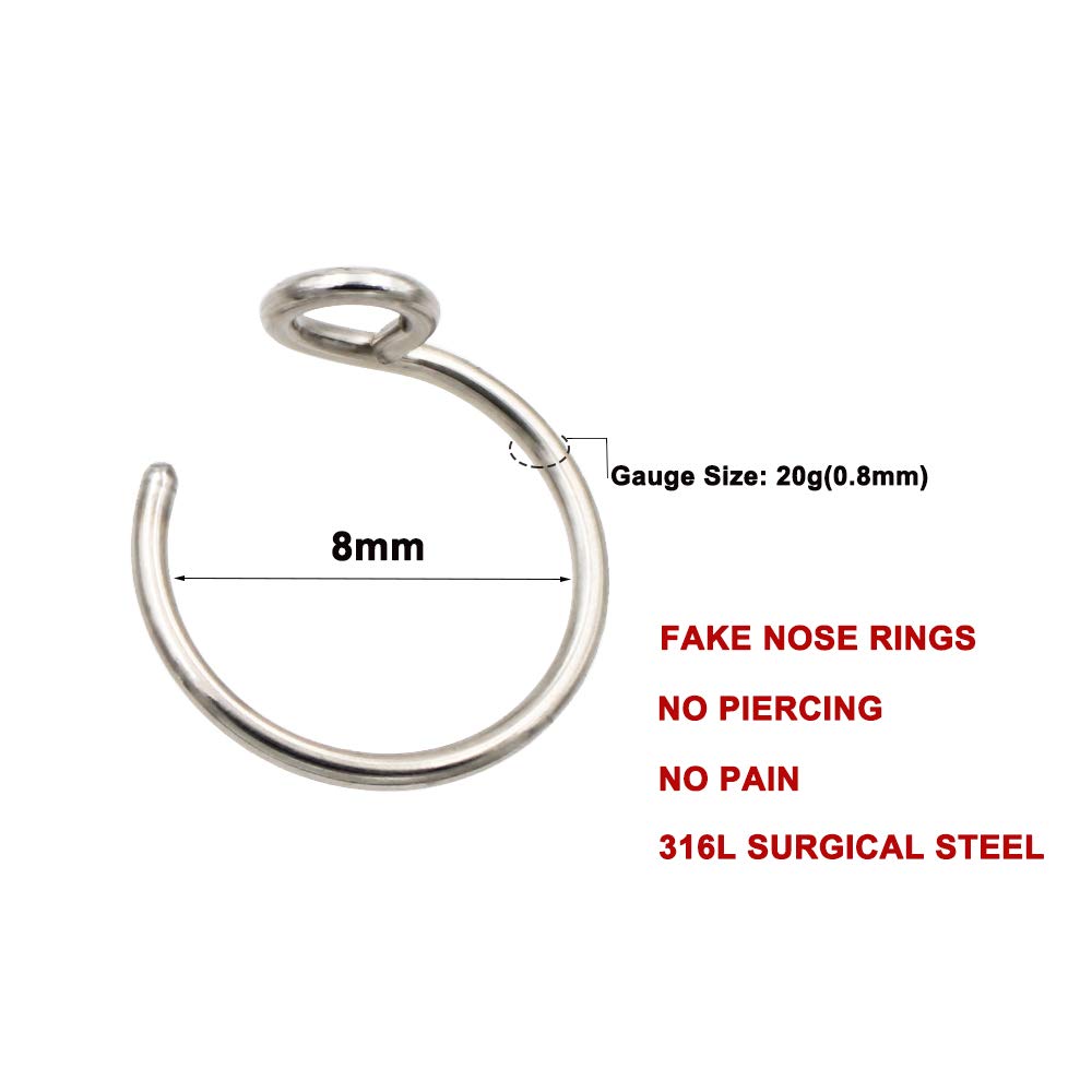 FANSING Fakes Nose Rings Faux Nose Ring 20g Nose Ring Nose Hoop 20 Gauge 8mm Septum Ring Faux Septum Ring Lip Ring Surgical Steel Piercing Jewelry Silver 1PCS