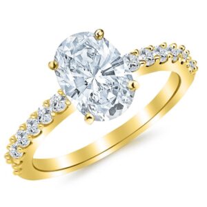 1 Carat 14K Yellow Gold Classic Side Stone Prong Set Oval Cut Diamond Engagement Ring (0.5 Ct H Color VVS2 Clarity Center Stone)