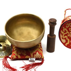 5" Tibetan Singing Bowl for Meditation, Sound Healing, Yoga & Sound Therapy. Made of 7 metals. Silk Cushion, Wooden Mallet, Box & Tingsha included Thamelmart (5 Inch matte)