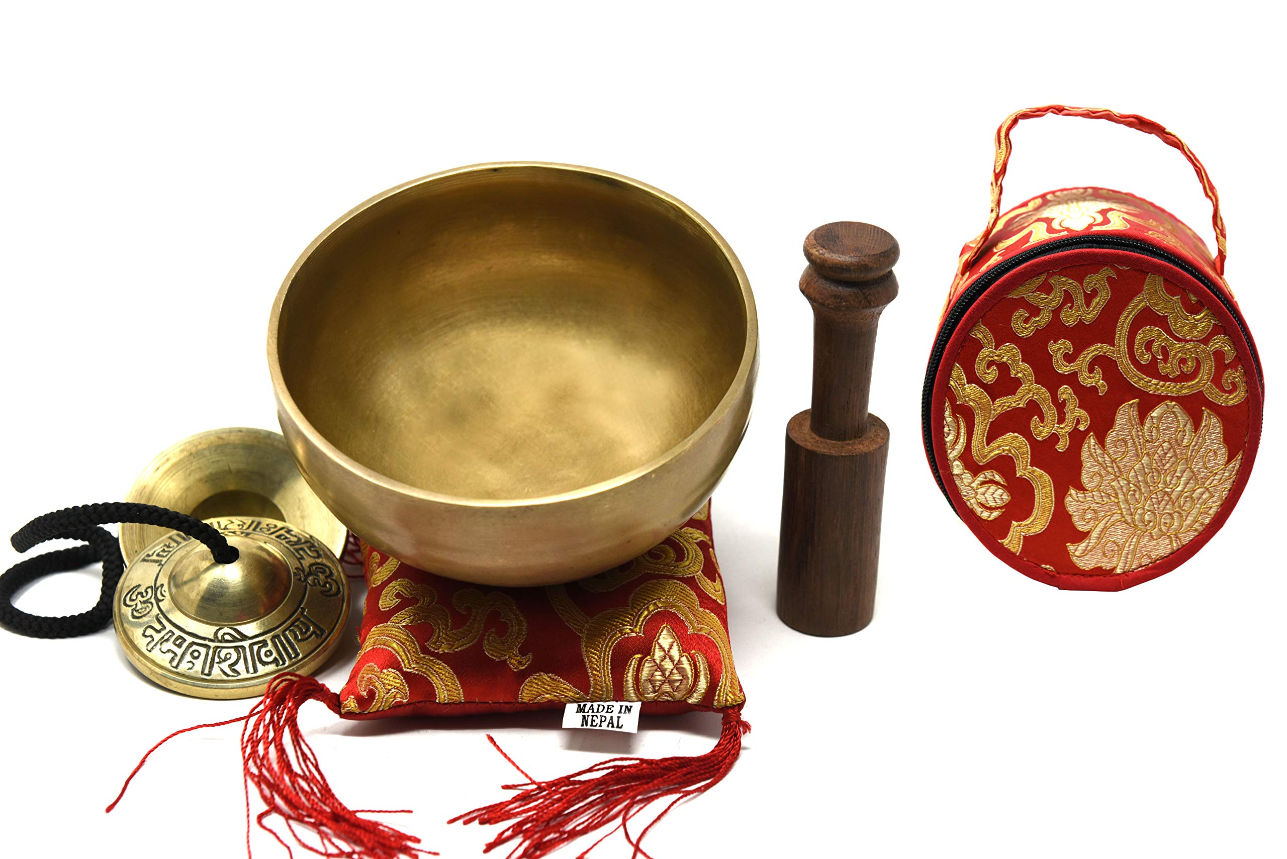 5" Tibetan Singing Bowl for Meditation, Sound Healing, Yoga & Sound Therapy. Made of 7 metals. Silk Cushion, Wooden Mallet, Box & Tingsha included Thamelmart (5 Inch matte)