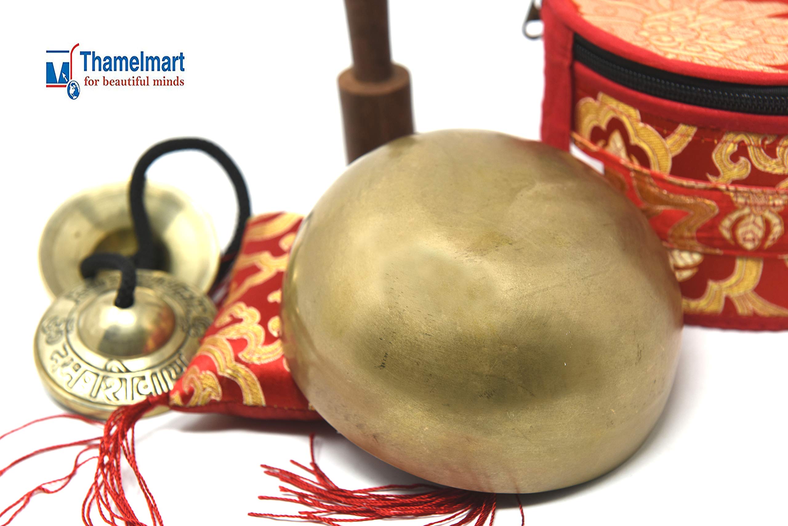 5" Tibetan Singing Bowl for Meditation, Sound Healing, Yoga & Sound Therapy. Made of 7 metals. Silk Cushion, Wooden Mallet, Box & Tingsha included Thamelmart (5 Inch matte)