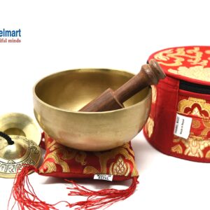 5" Tibetan Singing Bowl for Meditation, Sound Healing, Yoga & Sound Therapy. Made of 7 metals. Silk Cushion, Wooden Mallet, Box & Tingsha included Thamelmart (5 Inch matte)