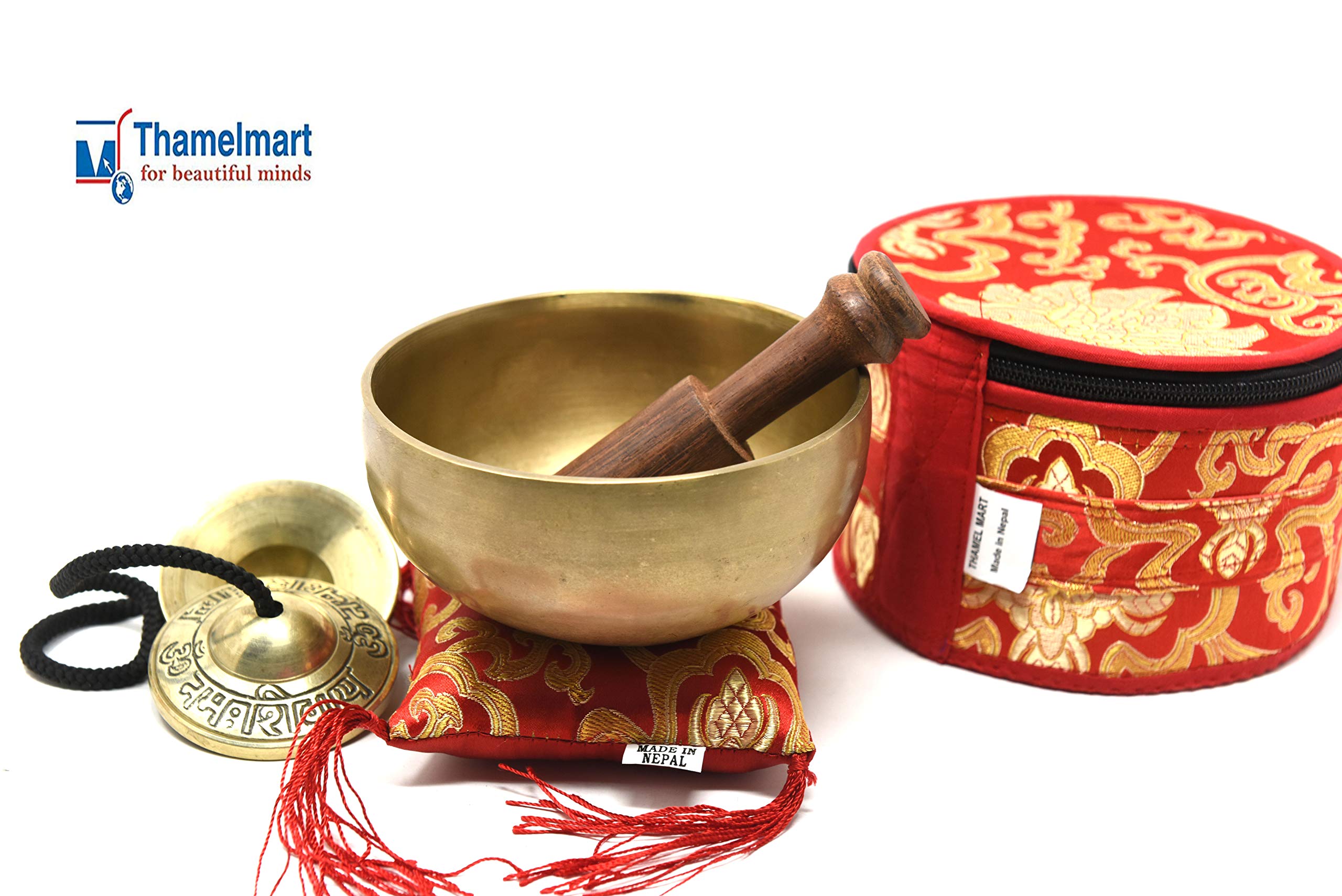 5" Tibetan Singing Bowl for Meditation, Sound Healing, Yoga & Sound Therapy. Made of 7 metals. Silk Cushion, Wooden Mallet, Box & Tingsha included Thamelmart (5 Inch matte)