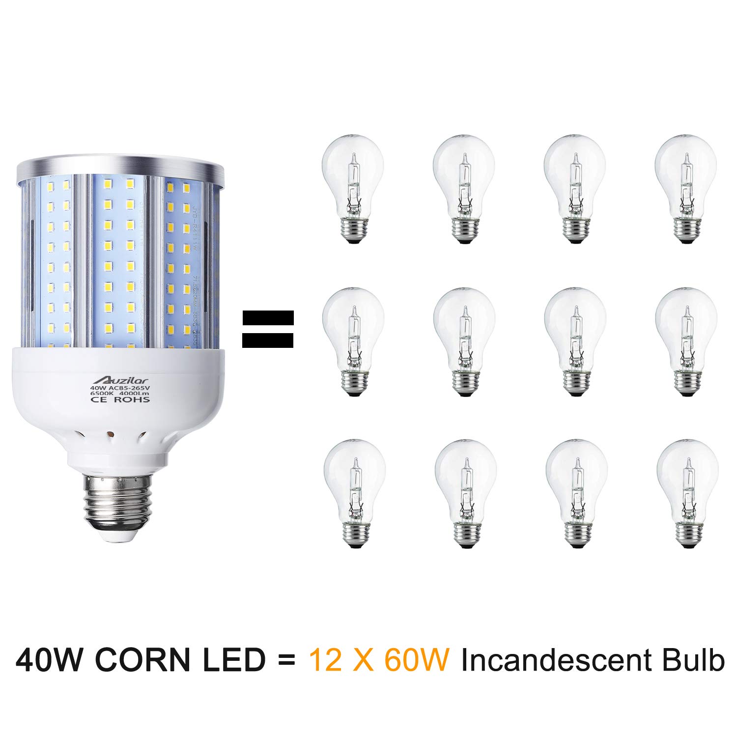 Auzilar 40W LED Corn Light Bulb Corn Lamp (280W Equivalent 6500K) Cool Daylight White Corn LED Bulb E26/E27 Medium Base for Indoor Garage Factory Warehouse Backyard 85V-265V (2-Pack)