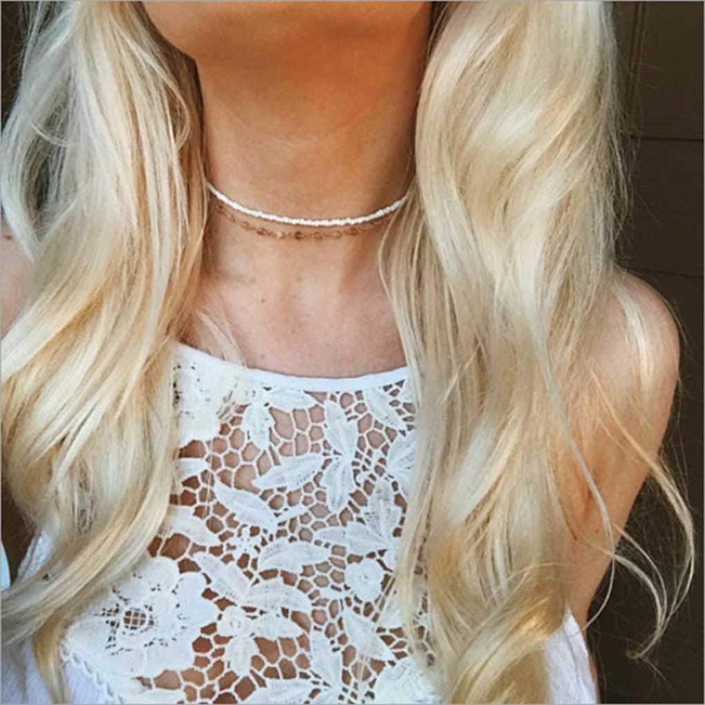 Yalice Boho Choker Necklace Chain Rice Beaded Necklaces Summer Surfer Costume Neck Accessories for Women (White)