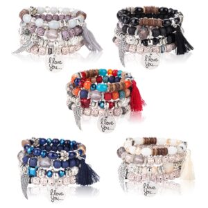 LOYALLOOK 5Sets Bohemian Stretch Beaded Bracelets for Women Crystal Beaded Strand Bangle Charm Multilayer Stackable Bracelets