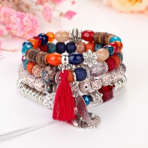 LOYALLOOK 5Sets Bohemian Stretch Beaded Bracelets for Women Crystal Beaded Strand Bangle Charm Multilayer Stackable Bracelets