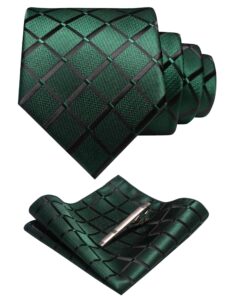 jemygins plaid green tie and pocket square hankerchief mens silk necktie with tie clip sets(4)