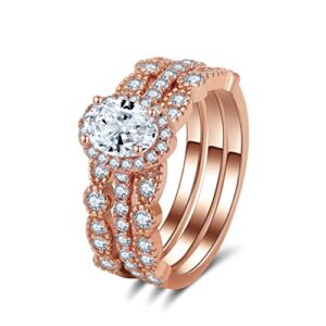 Ginger Lyne Collection Porsha 3 Ring Rose Gold over Sterling Oval Engagement Wedding Band Bridal Set Size 8