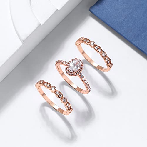 Ginger Lyne Collection Porsha 3 Ring Rose Gold over Sterling Oval Engagement Wedding Band Bridal Set Size 8