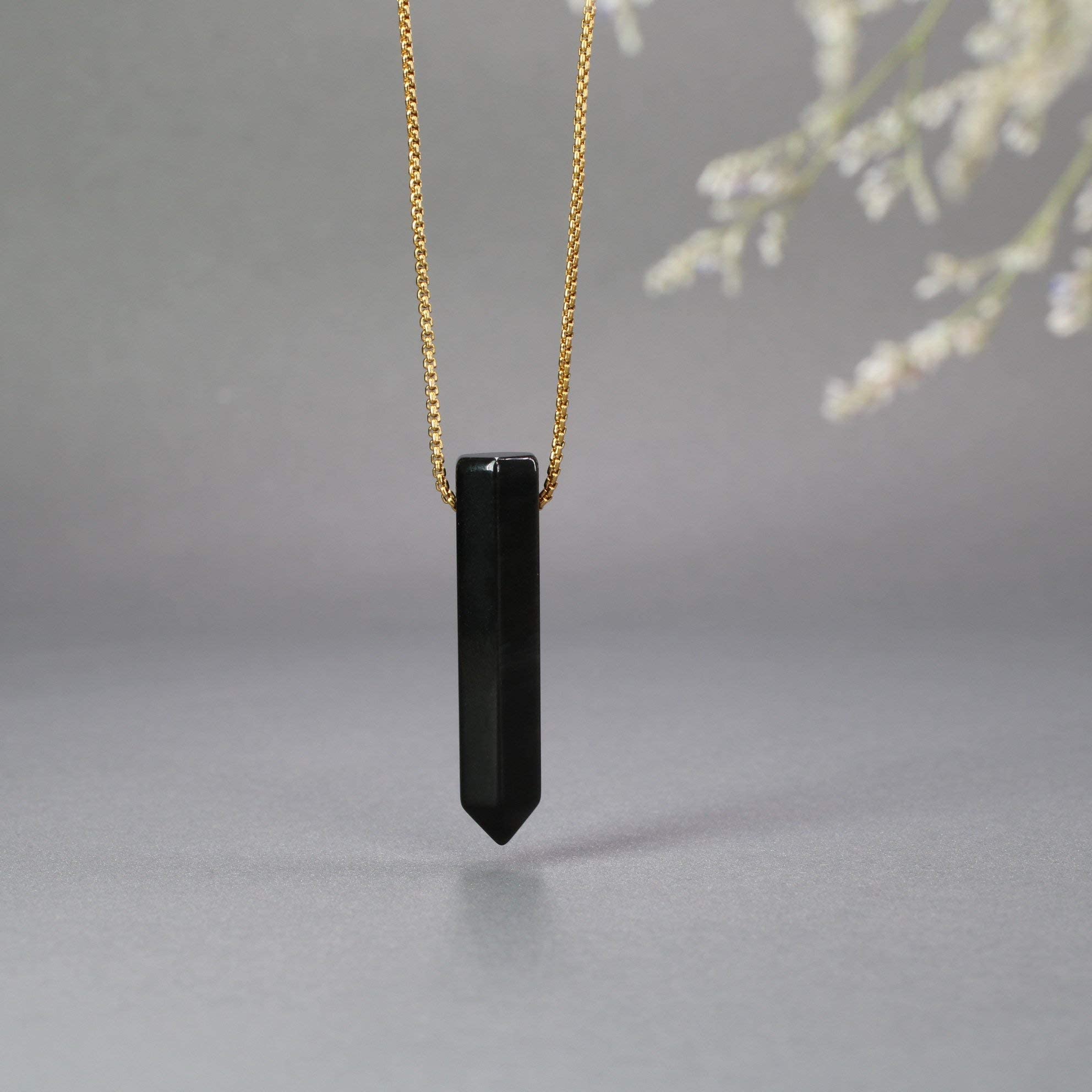 COAI Gemstone Black Obsidian Genuine Stone Hexagonal Pointed Pendant Necklace