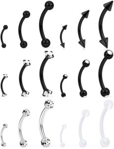 lcolyoli 18pcs 16g clear bioflex acrylic & stainless steel eyebrow barbell rook daith earrings belly studs cartilage tragus barbell body piercing jewelry retainer 6mm 8mm 10mm black