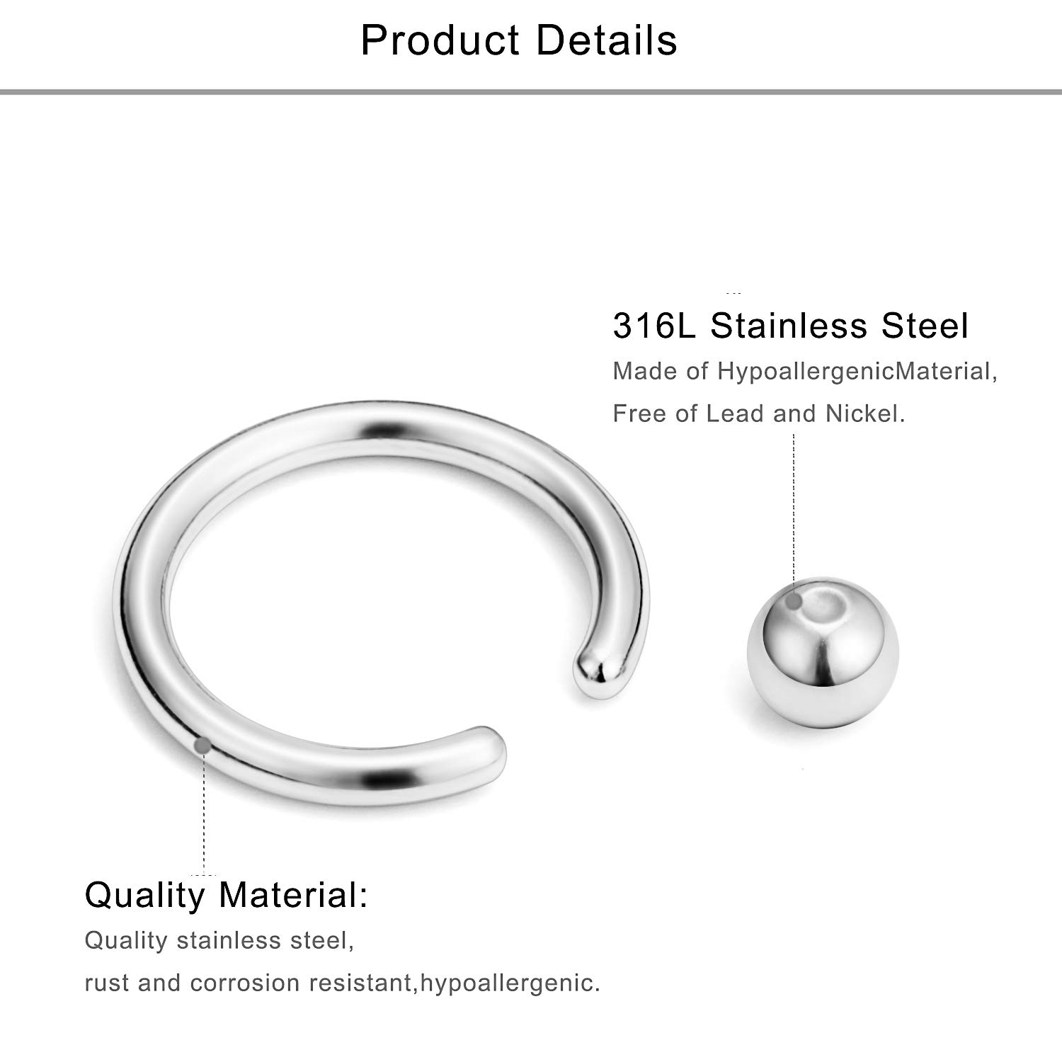 Lcolyoli 316L Surgical Steel Captive Bead Ring Spring Action BCR Monster Screwball Rings PA Nipple Tragus Cartilage Septum Piercing Jewelry 20G 16G 14G 12G 8G 6G Silver-tone