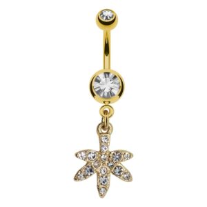 Pierce2GO Gold Marijuana Leaf Belly Button Ring with Cz Stones (Cubic Zirconia)