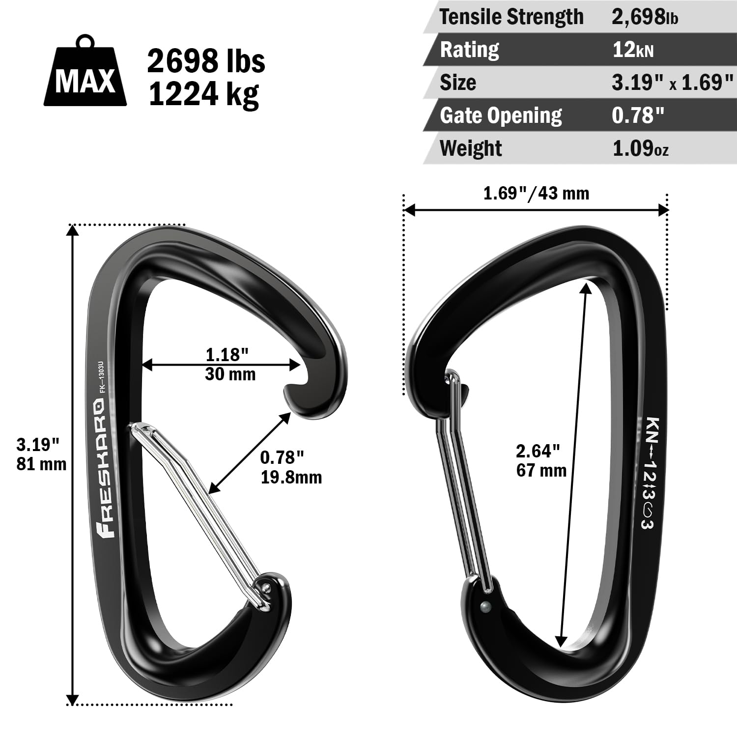 FresKaro Wiregate Carabiner Clip, 12kN(2698lbs), Used for Backpacking Gear or as a Hiking Accessories - 4pack of Black d Ring Wire gate caribeener Clips.