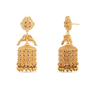 Tarinika Antique Gold Plated Dhvani Jhumkas with Peacock Design - Indian Earrings for Women | Perfect for Ethnic Occasions | Traditional South Indian Jewelry | 1 Year Warranty*