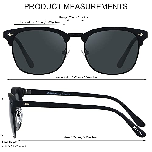 ANDWOOD Polarized Sunglasses for Men Women UV Protection Semi Rimless Sun glasses Classic Half Frame Shades Black Tortoise