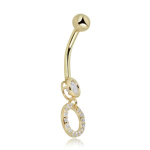 AVORA 10K Yellow Gold Simulated Diamond CZ Open Circle Dangling Belly Button Ring Body Jewelry (14 Gauge)