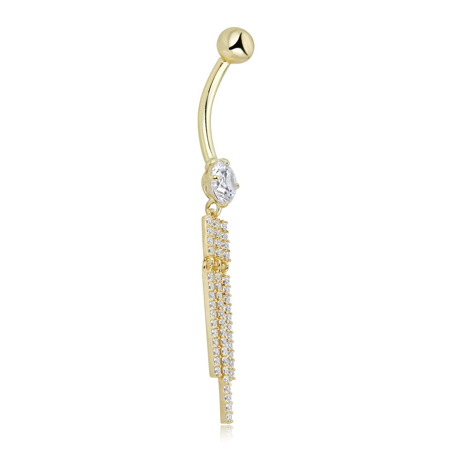 AVORA 10K Yellow Gold Simulated Diamond CZ Tassel Dangle Belly Button Ring Body Jewelry (14 Gauge)