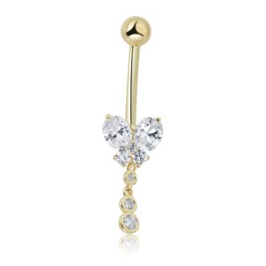 avora 10k yellow gold simulated diamond cz dangling butterfly belly button ring body jewelry (14 gauge)