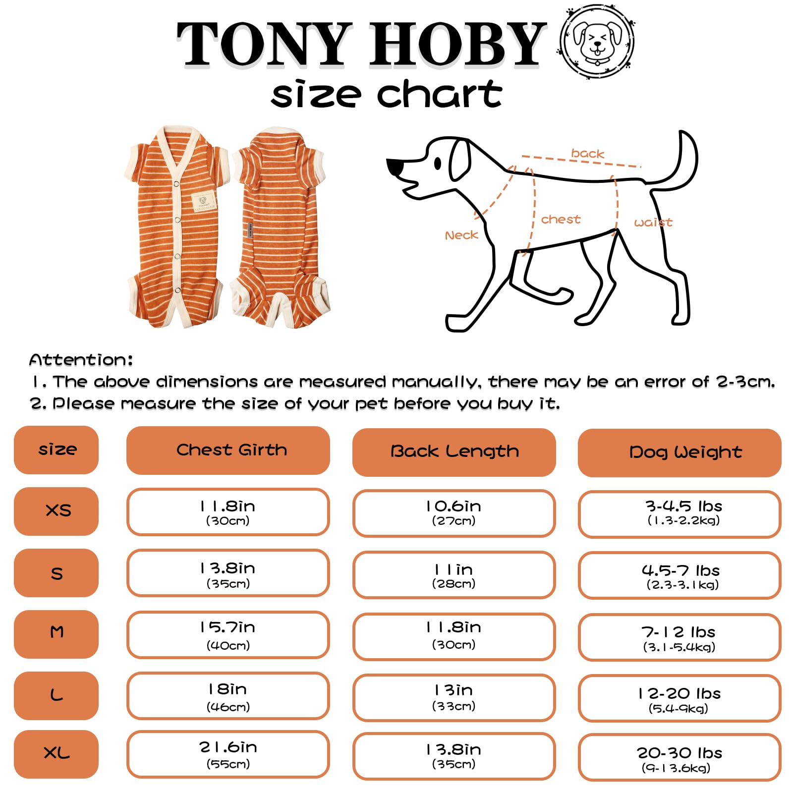 TONY HOBY Female Pet Dog Pajamas Stripes 4 Legged Dog pjs Jumpsuit Soft Cotton Dog Clothes (XL，Orange+White-Girls)