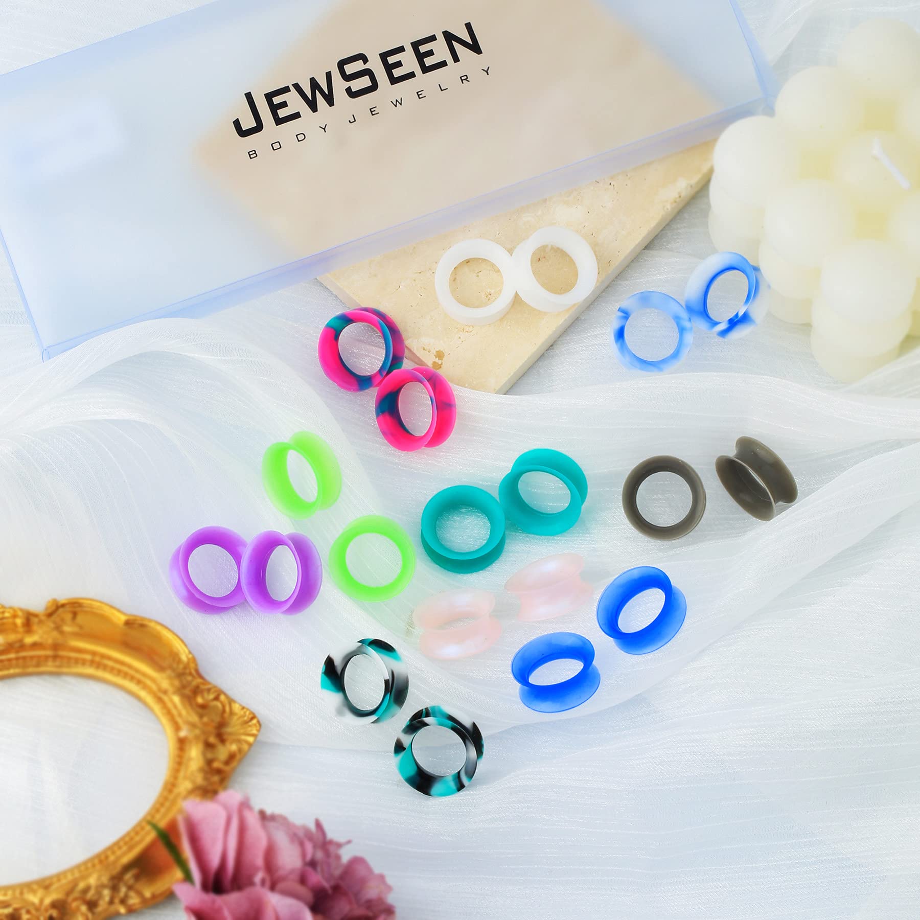 Jewseen 20PCS Soft Silicone Ear Gauges Flesh Tunnels Plugs Stretchers Expander Double Flared Flesh Tunnels Ear Piercing Jewelry