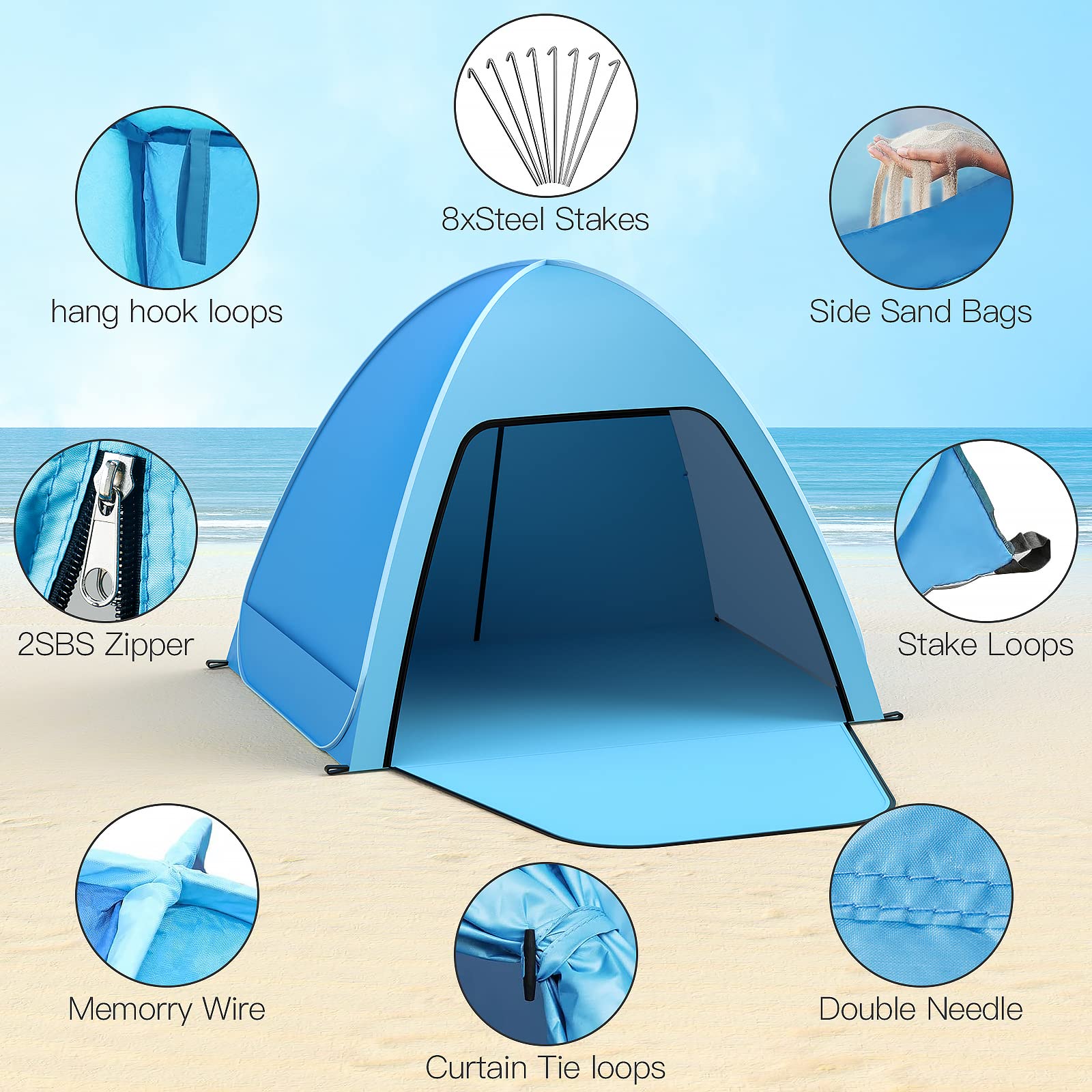 Beach Tent,Kratax UPF 50+ Sun Shelter,Lightweight Beach Sun Shade,Portable Babay Canopy Cabana,Automatic Sun Umbrella,Pop Up Beach Tents Fit 2-3 Person,for Kids Care Family Camping Picnic Fishing.