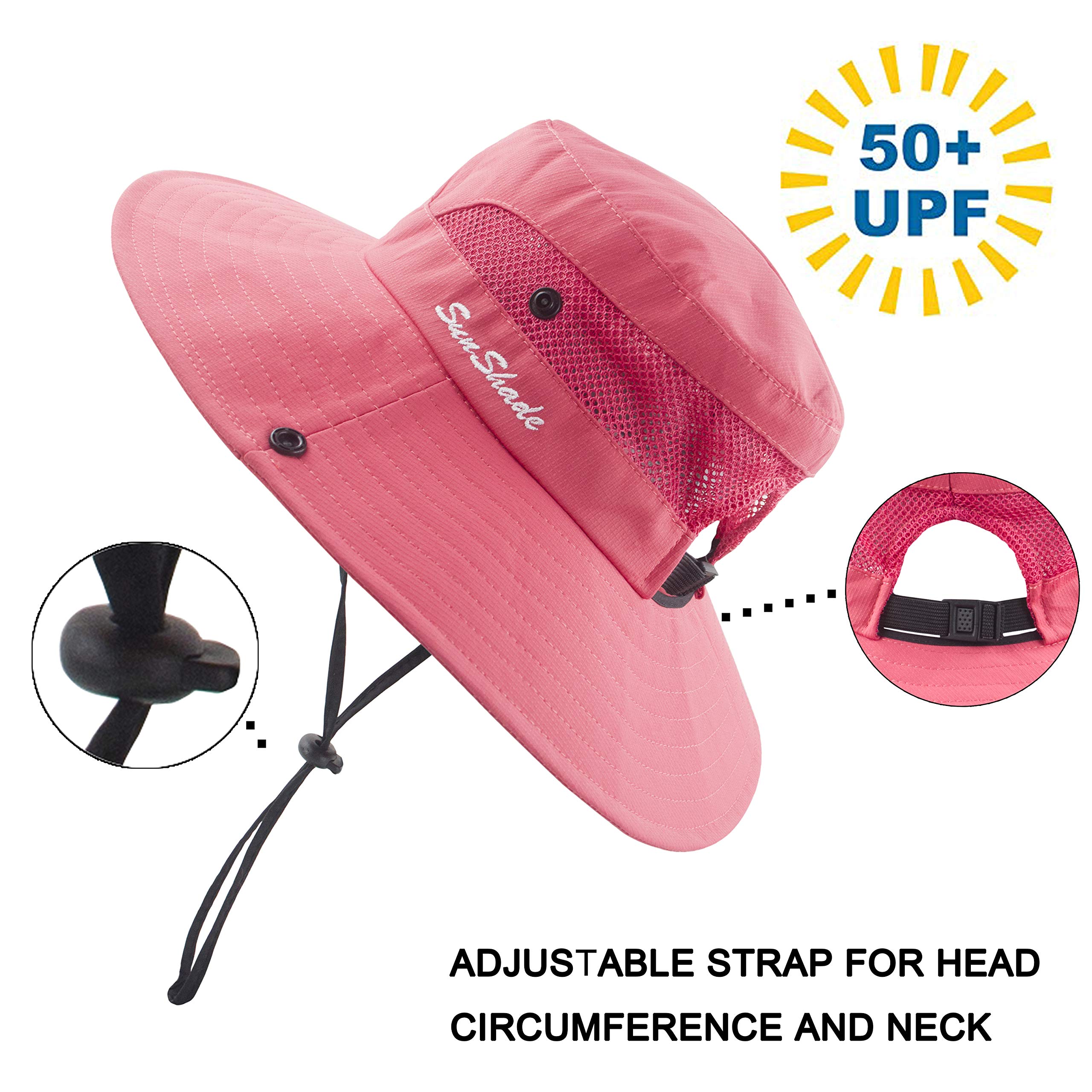 HGGE Women Ponytail Summer Sun Hat Wide Brim UV Hats Floppy Bucket Cap for Safari Beach Fishing Gardening Pure Watermelon Red