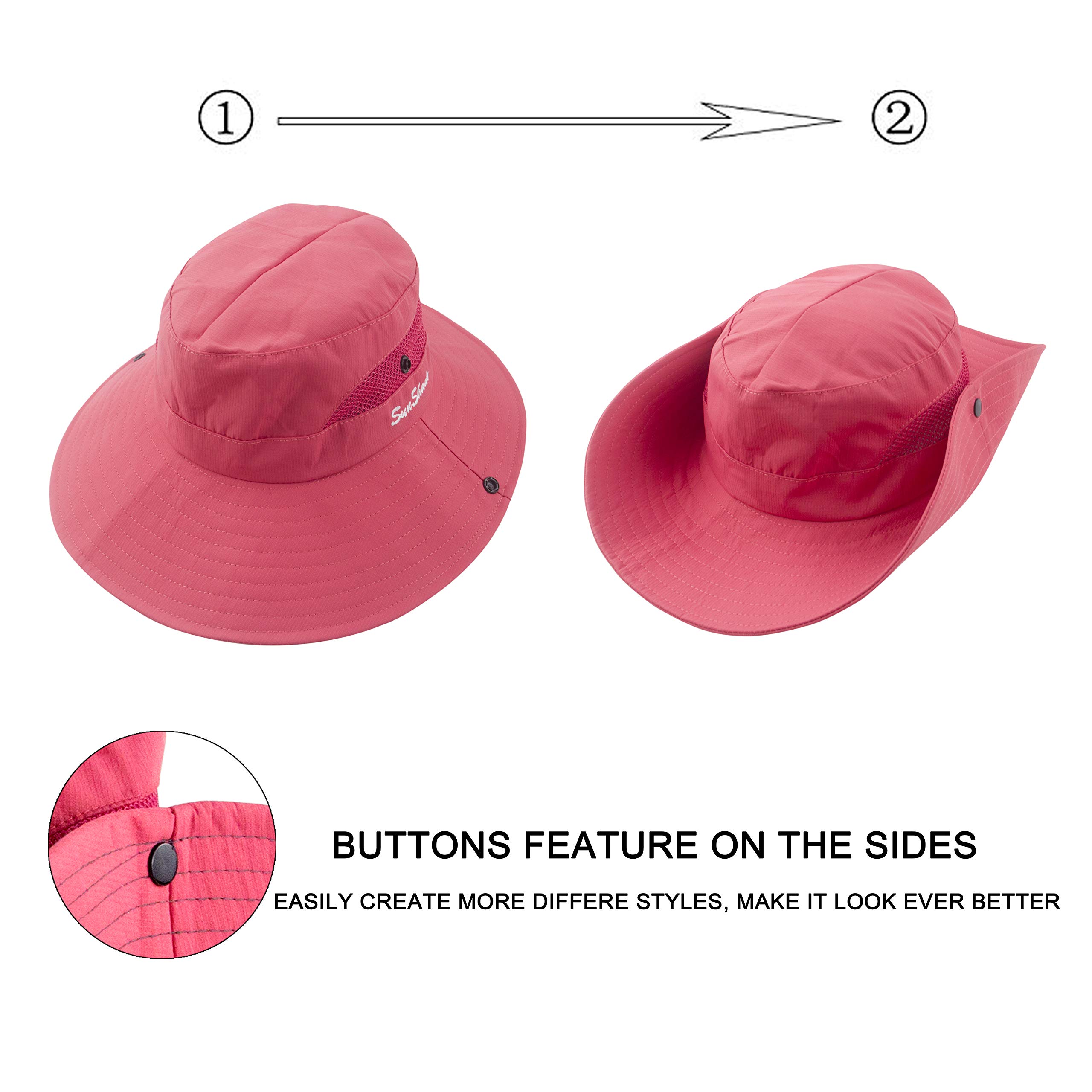 HGGE Women Ponytail Summer Sun Hat Wide Brim UV Hats Floppy Bucket Cap for Safari Beach Fishing Gardening Pure Watermelon Red