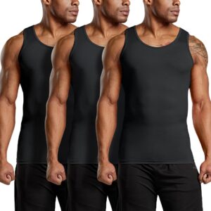 ATHLIO Men's Cool Dry Compression Sleeveless Tank Top, Sports Running Basketball Workout Base Layer, 3pack Tank Top Black/Black/Black, Small