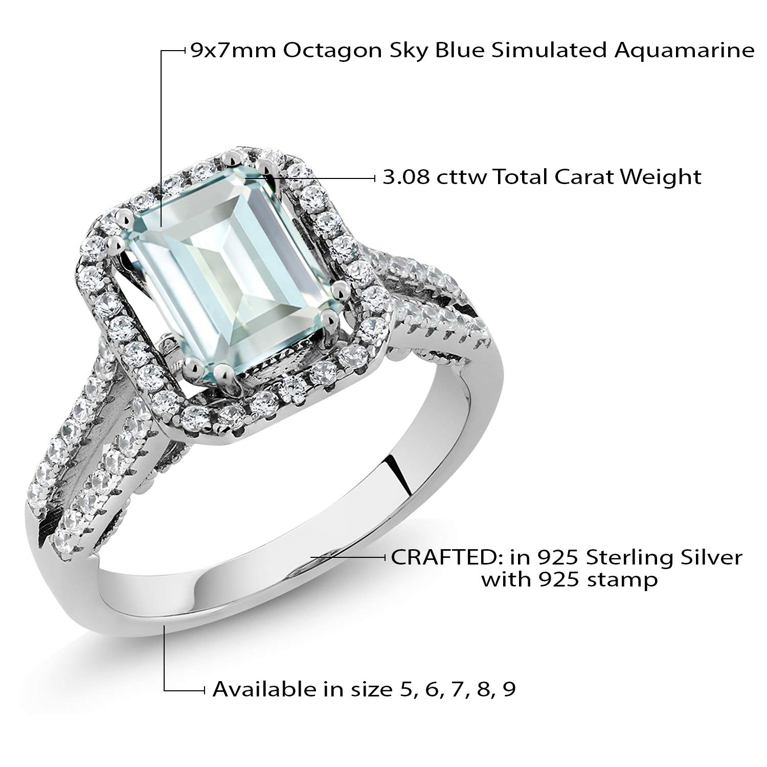 Gem Stone King 925 Sterling Silver Sky Blue Simulated Aquamarine Ring For Women (3.08 Cttw, Emerald Cut 9X7MM, Available in size 5, 6, 7, 8, 9)