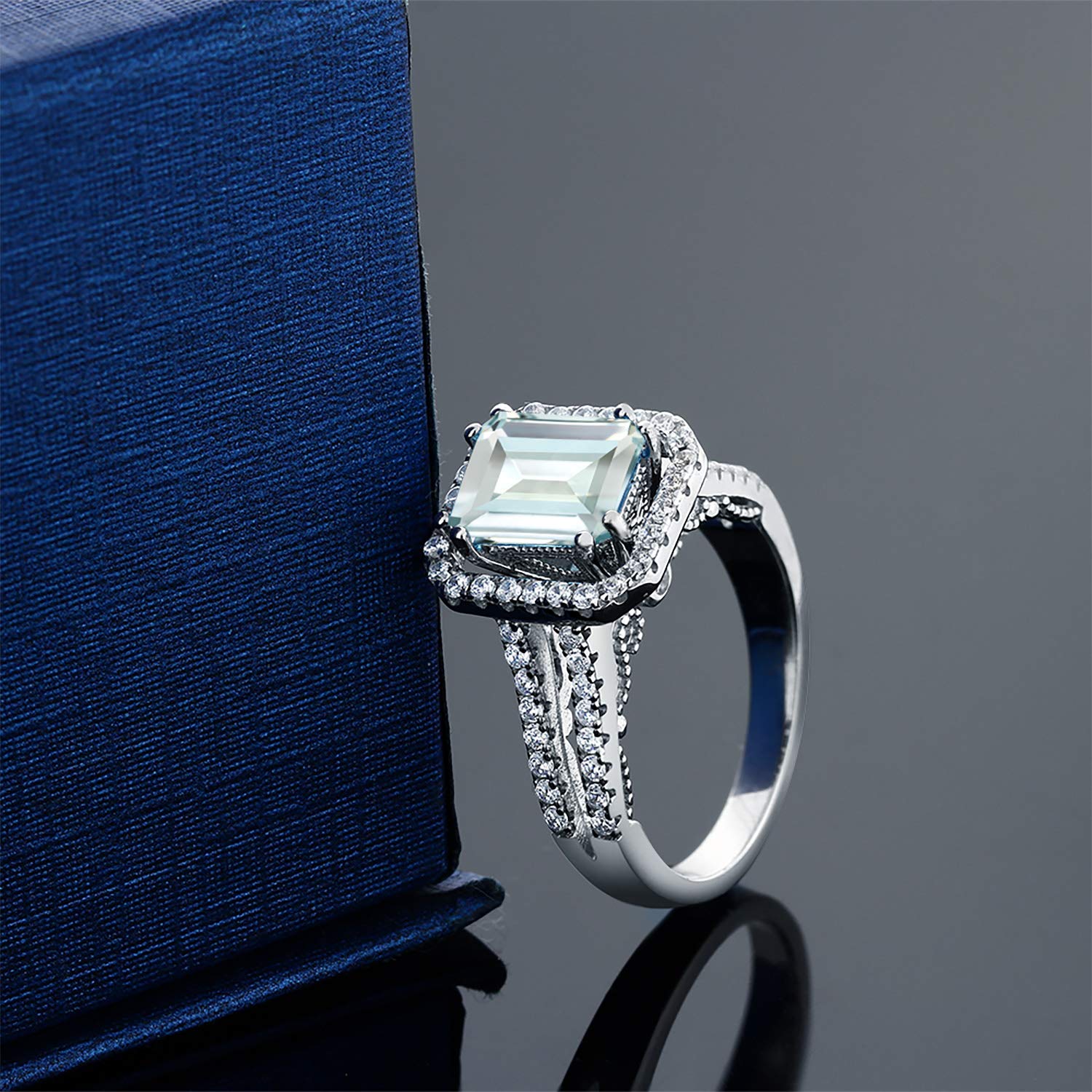 Gem Stone King 925 Sterling Silver Sky Blue Simulated Aquamarine Ring For Women (3.08 Cttw, Emerald Cut 9X7MM, Available in size 5, 6, 7, 8, 9)