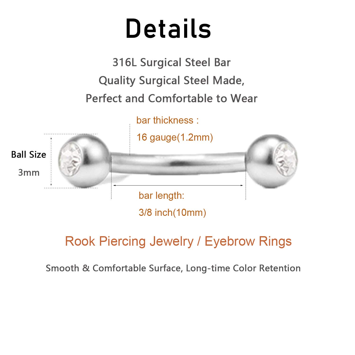 MODRSA Rook Piercing Jewelry Rook Earrings for Women Eyebrow Rings Surgical Steel Nose Bridge Curved Barbell 16 gauge Surface Tragus Piercing Jewelry Snug Earring