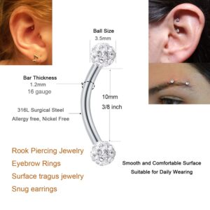 MODRSA Rook Piercing Jewelry Rook Earrings for Women Eyebrow Rings Surgical Steel Nose Bridge Curved Barbell 16 gauge Surface Tragus Piercing Jewelry Snug Earring