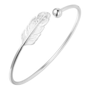 ailuor 925 silver leaf feather bangle bracelet bohemian style fashion charms bracelets jewelry cuff women adjustable (silver)