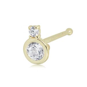 AVORA 14K Yellow Gold Bezel Set 2-Simulated Diamond CZ Nose Ring Body Jewelry (22 Gauge)