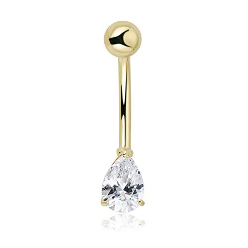 AVORA 10K Yellow Gold Simulated Diamond CZ Pear-shaped Belly Button Ring Body Jewelry (14 Gauge)