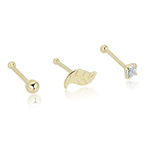 AVORA 14K Yellow Gold Simulated Diamond CZ Nose Stud Set Body Jewelry (22 Gauge)