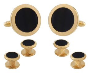 mens round black onyx gold cufflinks studs tuxedo formal set with presentation box