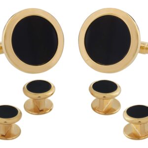 Mens Round Black Onyx Gold Cufflinks Studs Tuxedo Formal Set with Presentation Box