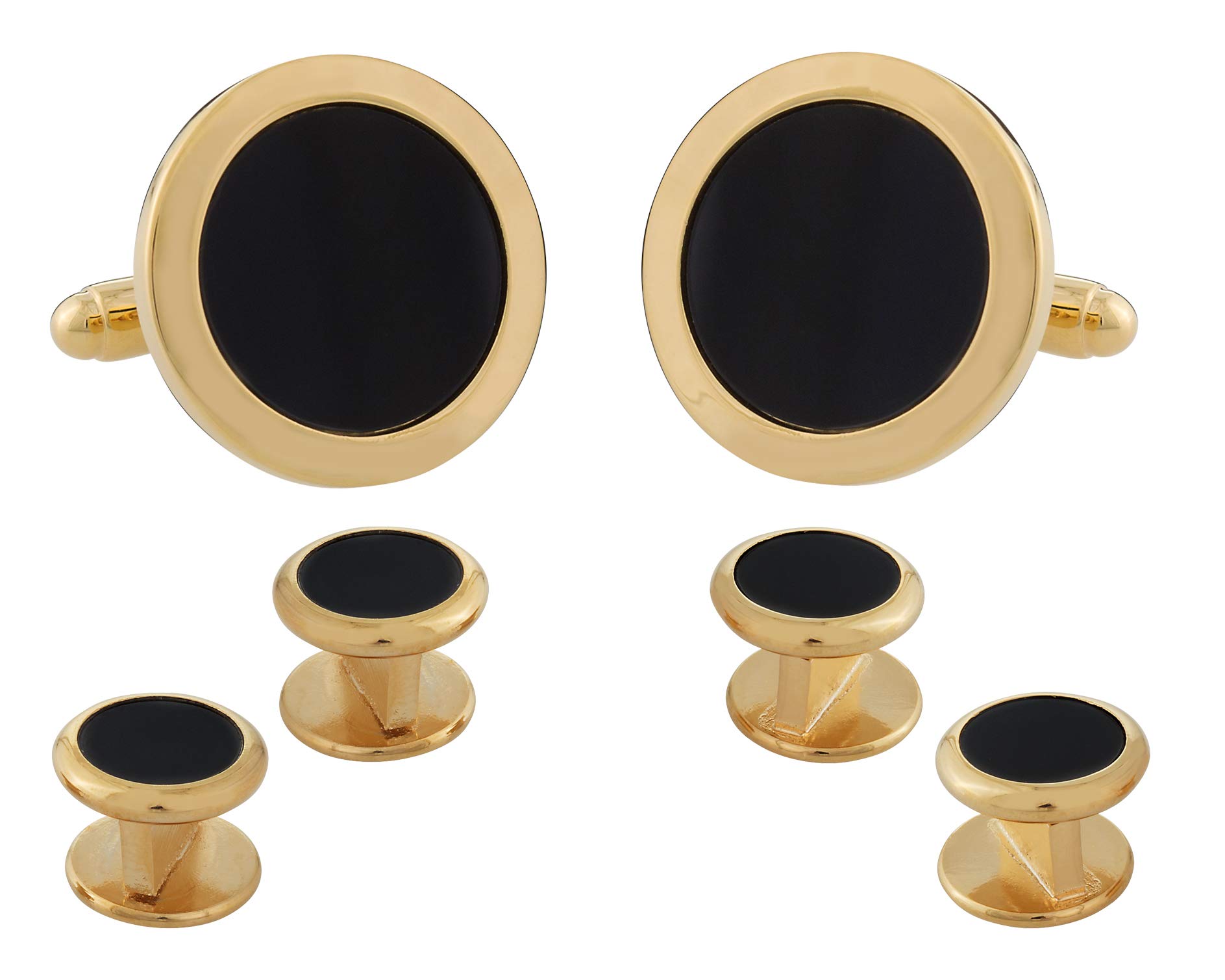 Mens Round Black Onyx Gold Cufflinks Studs Tuxedo Formal Set with Presentation Box