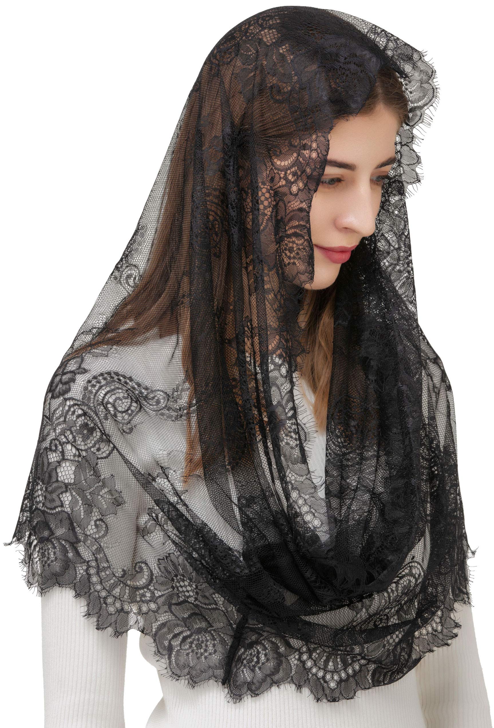 PAMOR Spanish Style Lace Traditional Vintage Inspired Infinity Shape Mantilla Veil Latin Mass Head Covering (Black)