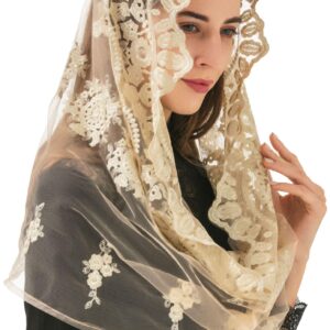 PAMOR Gold Embroidered Traditional Vintage Inspired Infinity Veil Mantilla Veils Mass Head Covering