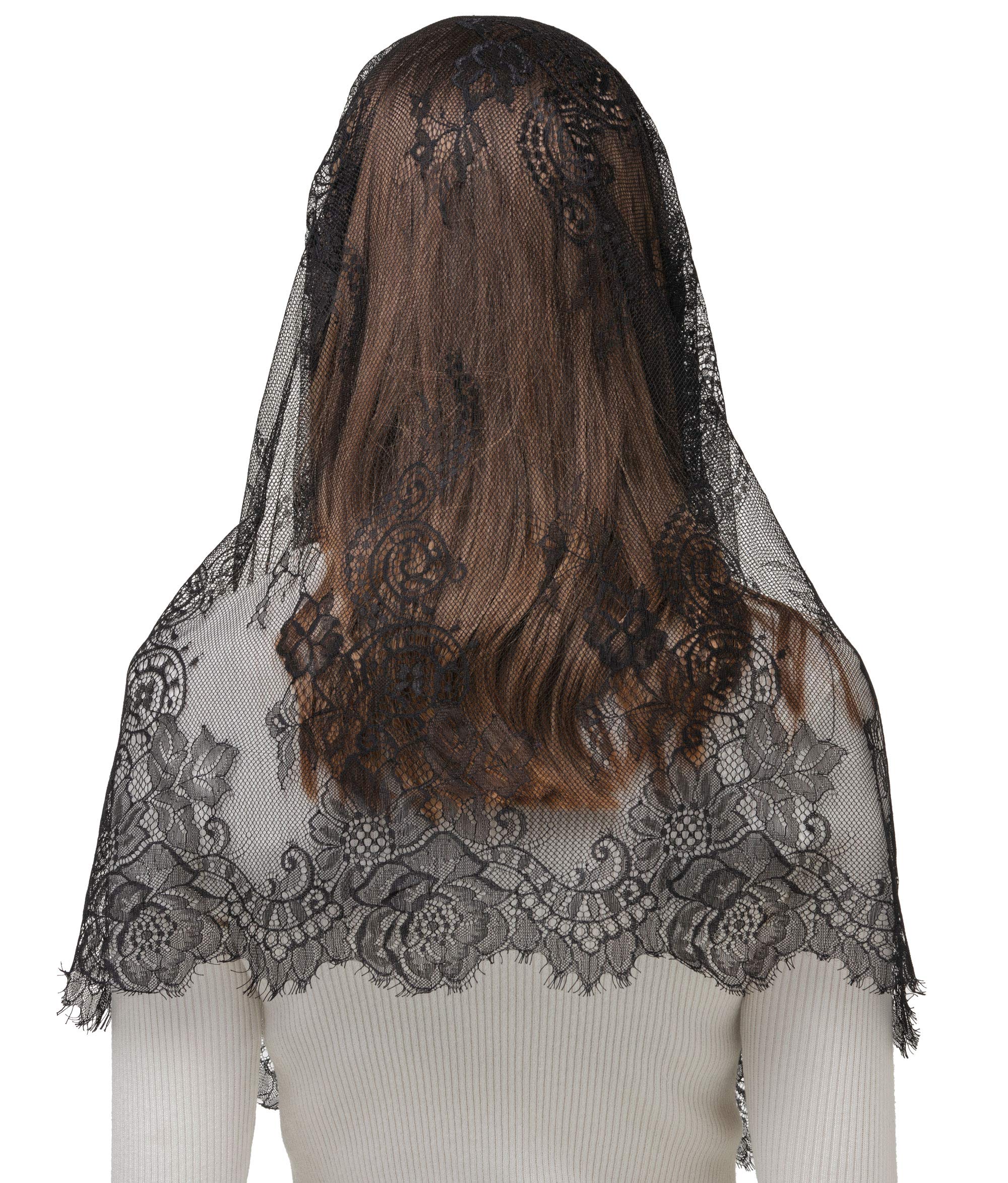 PAMOR Spanish Style Lace Traditional Vintage Inspired Infinity Shape Mantilla Veil Latin Mass Head Covering (Black)