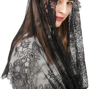 PAMOR Spanish Style Lace Traditional Vintage Inspired Infinity Shape Mantilla Veil Latin Mass Head Covering (Black)