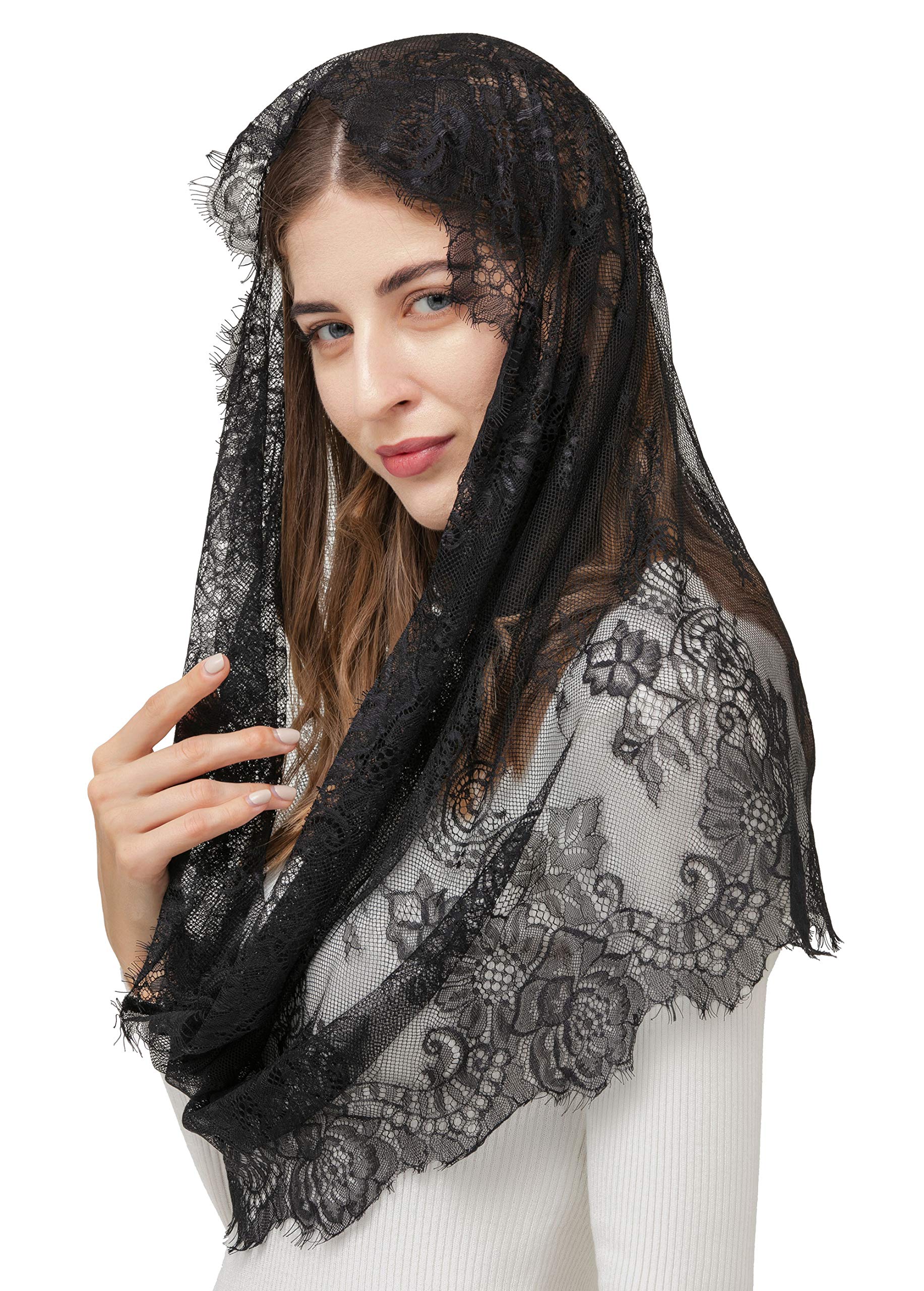 PAMOR Spanish Style Lace Traditional Vintage Inspired Infinity Shape Mantilla Veil Latin Mass Head Covering (Black)