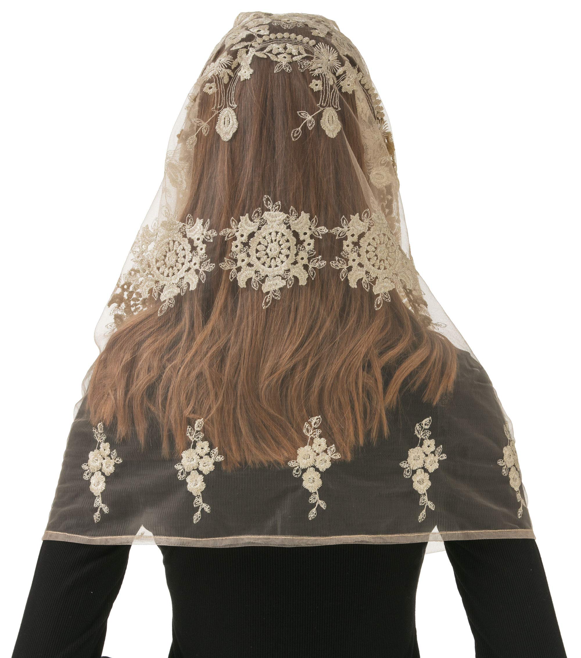 PAMOR Gold Embroidered Traditional Vintage Inspired Infinity Veil Mantilla Veils Mass Head Covering