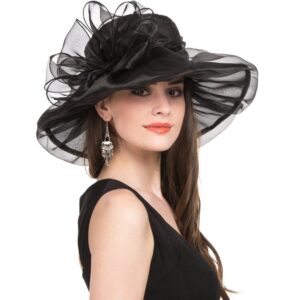 Women's Organza Church Kentucky Derby British Fascinator Bridal Tea Party Wedding Hat Summer Ruffles Cap（H5-Black Bowknot）